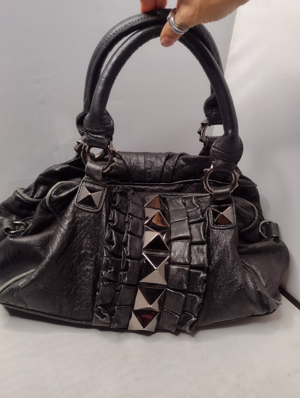 VTG Y2K Betsey Johnson Black Leather Grommet Studded Shoulder Bag Ruffles MM